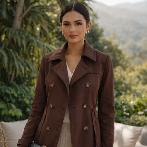 Moutif Brown Mocha Chocolate Double Breasted Womens L Jacket Coat Classic Luxury